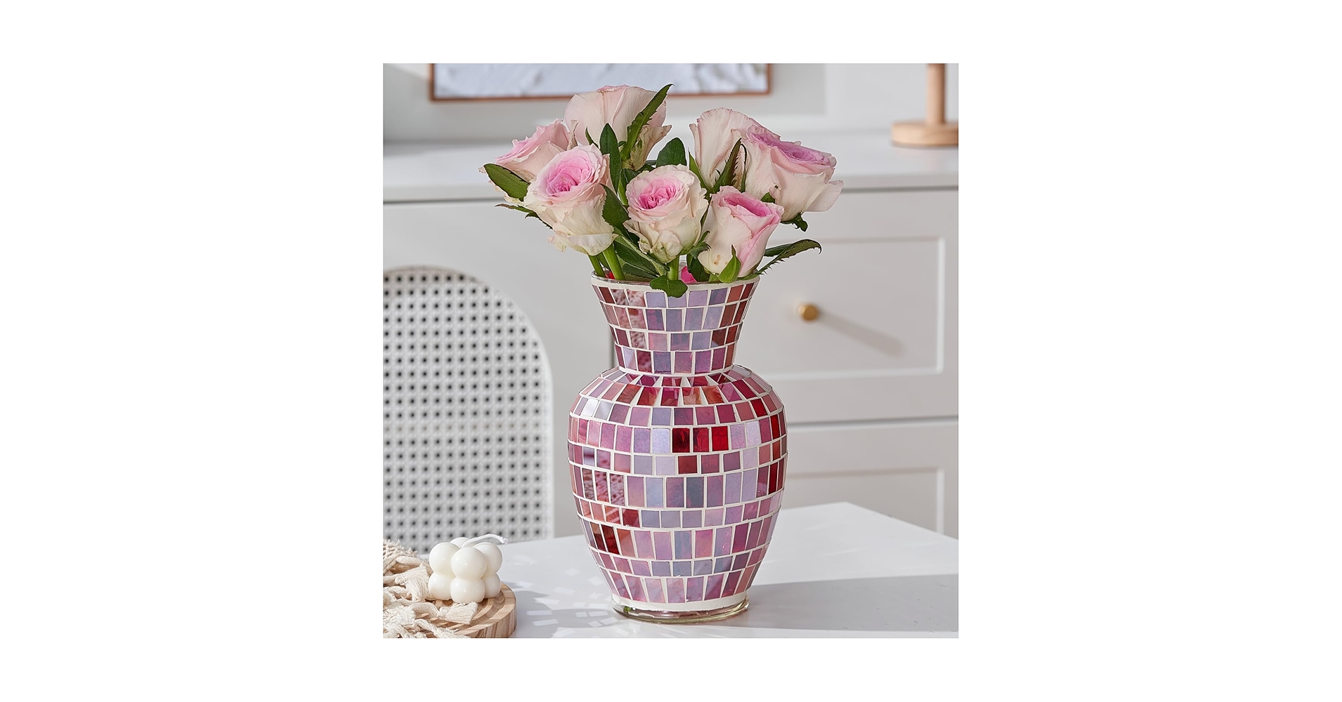工芸品 Multi Glass Flower Vase (Pink) Amazon.com: WLGRANJIA Pink Mosaic Glass Flower Vase, 8.7